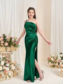 Teen Girls' One-Shoulder High Slit Evening Gown | Mermaid Formal Dress For Pageant Events, Wedding Guest Attire, Graduation Ceremonies, Red Carpet Events & Theater Nights - Dark Green - View 5