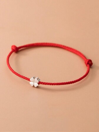 HuooNew 1pc Simple 925 Sterling Silver Clover Charm Red Cord Braided Bracelet, Adjustable, Suitable For Daily Wear