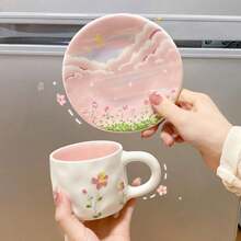 1 conjunto de xícara de café e pires de cerâmica com flores cor de rosa do mar e de 250ml, conjunto pintado à mão de coração adorável de menina para chá da tarde