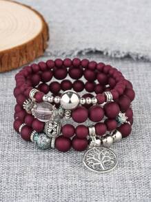 4pcs/set Tree Detail Round Charm Beaded Bracelet - Purple - View 7