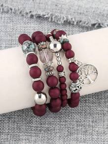 4pcs/set Tree Detail Round Charm Beaded Bracelet - Purple - View 8