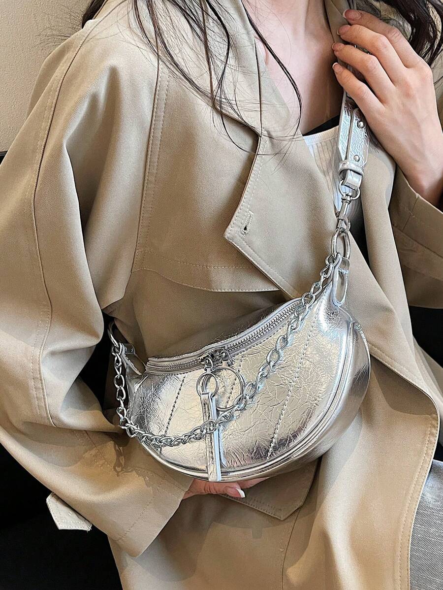 Elegancka i wszechstronna damska wysokiej klasy jednokolorowa torba na klatkę piersiową z PU z metalowym łańcuszkiem, prosta torba na ramię w stylu biznesowym