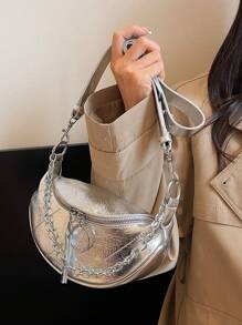 Elegancka i wszechstronna damska wysokiej klasy jednokolorowa torba na klatkę piersiową z PU z metalowym łańcuszkiem, prosta torba na ramię w stylu biznesowym