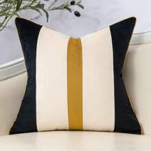 1pc Velvet Striped Patchwork Cushion Cover, Modern Neutral Sofa Pillow Case, Home Decoration For Sofa, Living Room, Bedroom, Farmhouse, No Filler, Suitable For Gift Giving - Black - View 2