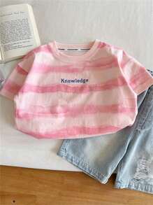 小男孩夏季新款衣服粉色条纹短袖男女通用字母T恤 - 粉色 - 查看 5