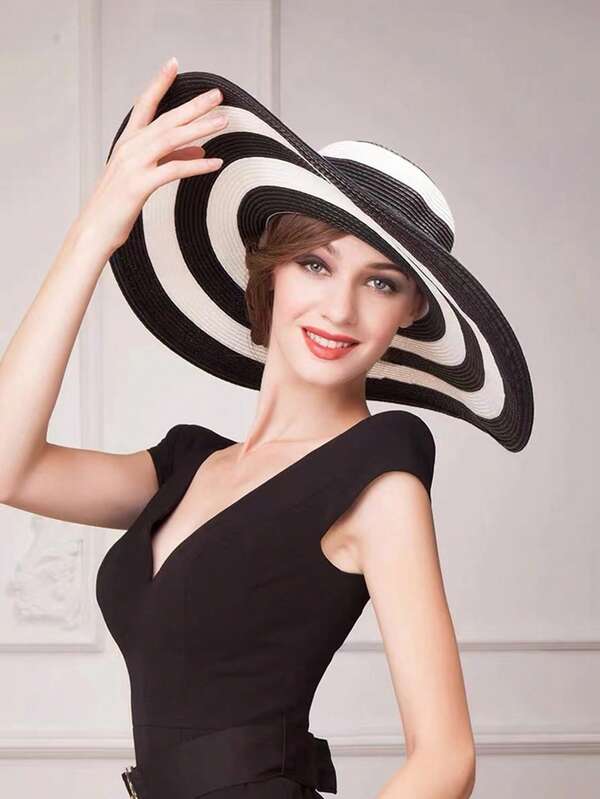 1 buc. Pălărie de soare pentru plajă de vară pentru femei, pălărie de protecție solară cu boruri largi, cu dungi albe și negre, casual, cu blocuri de culori