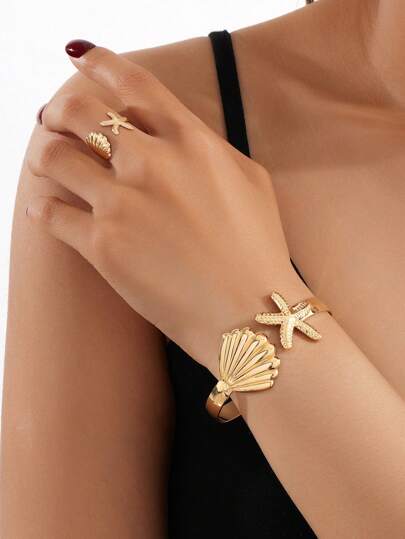 One Set Of Black Geometric Hollowed Bracelet And Ring For Women, Vacation Festival Gift