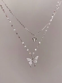 1pc INS Style Double-Layer Rhinestone Butterfly Design Women Necklace, Summer Dating Accessory - Silver - View 2