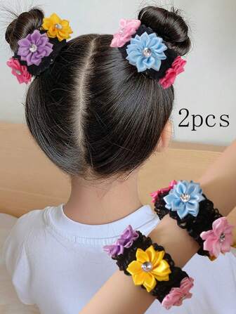2 pezzi Elastici per capelli a panino carini per il ritorno a scuola delle ragazze con decorazioni di fiori di strass, adatti per la vita quotidiana o le vacanze