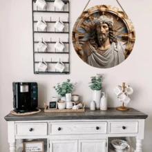 1入組圓形木製標誌，復古別致耶穌象徵，救世主象徵，花圈配件，基督教信徒禮物（20cm×20cm/8英寸×8英寸），牆面裝飾，房間裝飾，家居裝飾，門廊裝飾，農舍風格裝飾，辦公室裝飾 - 彩色 - 查看 8