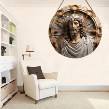 1入組圓形木製標誌，復古別致耶穌象徵，救世主象徵，花圈配件，基督教信徒禮物（20cm×20cm/8英寸×8英寸），牆面裝飾，房間裝飾，家居裝飾，門廊裝飾，農舍風格裝飾，辦公室裝飾 - 彩色 - 查看 5