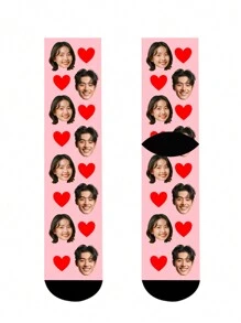 1 paar op maat gemaakte damessokken tot halverwege de kuit, zet elk gezicht op sokken, gepersonaliseerde hartvormige sokken met foto, grappige op maat gemaakte paar sokken, perfect voor Valentijnsdag, verjaardagscadeau en andere gelegenheden