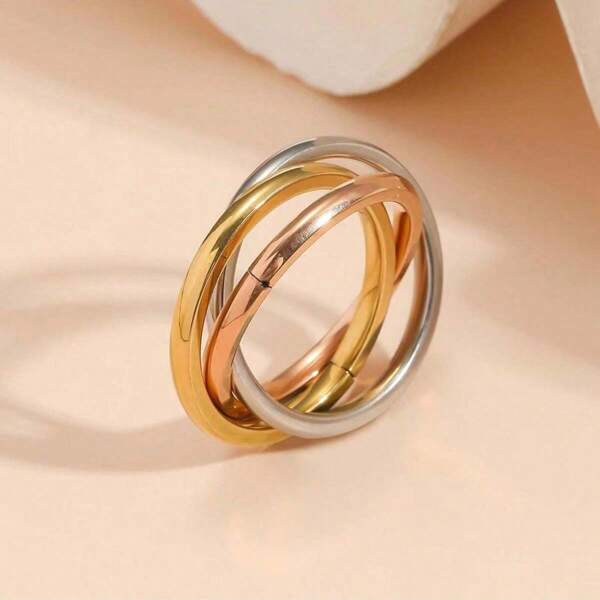 1 anillo de acero inoxidable tricolor de triple banda para parejas, perfecto para uso diario, moda y boda para mujeres