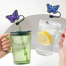 8 PVC Straw Caps, 0.4inch/1cm Cute Butterfly Straw Caps, Reusable Soft Rubber Cartoon Straw Caps, Dust Plugs, Random Colors - Multicolor - View 1