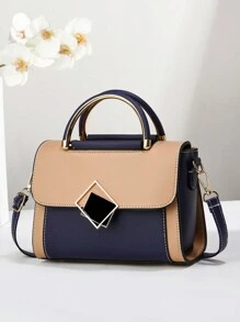 金属点缀方形托特包、撞色翻盖单肩包、女士带扣装饰单肩包、小号斜挎包和托特包套装、PU 皮革翻盖钱包、史上最佳母亲节礼物 - 彩色 - 查看 5