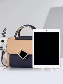 金属点缀方形托特包、撞色翻盖单肩包、女士带扣装饰单肩包、小号斜挎包和托特包套装、PU 皮革翻盖钱包、史上最佳母亲节礼物 - 彩色 - 查看 3