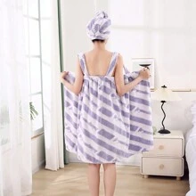 2pcs Set: Letter Striped Bathrobe + Shower Cap, Minimalist Striped Lightweight Summer Robe & Wrap, Soft, Smooth, Quick-Drying, Easy To Wear - Multicolor - View 1