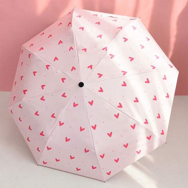 1pc 8-Rib Pink Heart Pattern Outdoor Foldable Artistic Parasol, Compact Portable UV-Protection Umbrella For Sunny & Rainy Days