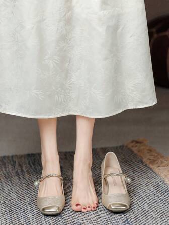 Embroidered Shallow Square Toe High Heels, Women's Block/Mid Heel Versatile Pumps