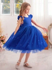 Young Girl Royal Blue Ruffle Trim Mesh Princess Party Dress, Suitable For Girls Birthday Party, Prom, Christmas, Casual, Instrument Performance, Stage Show, Holiday Celebration - Blue - View 10