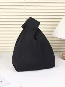 迷你輕量可折疊可愛黑色樹脂鏤空透氣對比色針織手提包，適合度假、攝影、學生上學、女孩 - 黑色 - 查看 3