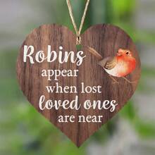 Rotkehlchen erscheinen, wenn geliebte Menschen nah sind - hölzernes, aufhängbares Herz Gedenktafel Schild, hölzerne Anhängeschild Plakette als warmes Geschenk für die Heimdekoration, Heimdekoration, Zimmerdekor, Wanddekoration