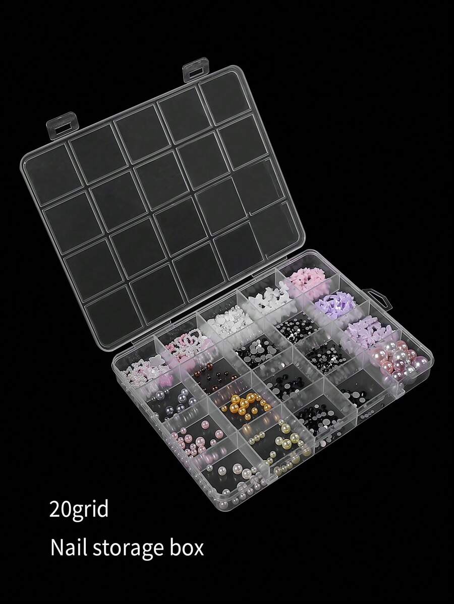1pc High-End 20-Compartment Transparent Nail Art Accessories Storage Box, Diamond Box With Cover, Non-Removable Portable Plastic Organizer For Jewelry Tools And Diamonds - Clear - View 1