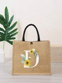 Letter Flower Pattern Natural Elements Teacher Appreciation Gift Women Linen High-Capacity Tote Bag Graduation Gifts Letter Print Fashionable Teacher Tote Bag School Gift Beach Vacation - Khaki - View 13