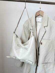 Fashionable Solid Color Bow Decoration Large Bag, Simple Shoulder Bag, Suitable For Shopping, Wallets, Shopping, Young Women, College Students, Newcomers, White-Collar Workers. They Are Very Suitable For Offices, Universities, Work, Business, Commuting, Outdoor, Travel, And Outings