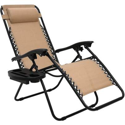 Sun Lounger Set, Foldable Deck Chair With Adjustable Head Cushion And Backrest, Recliner For Lunch Break With Drink Holder, Ergonomic And Breathable