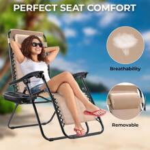 Sun Lounger Set, Foldable Deck Chair With Adjustable Head Cushion And Backrest, Recliner For Lunch Break With Drink Holder, Ergonomic And Breathable - 米色 - View 6