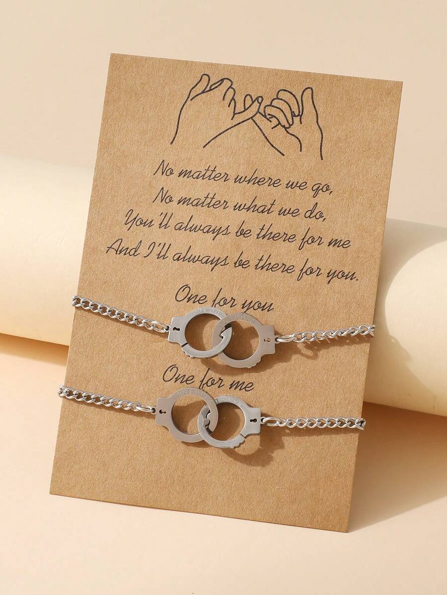 2 件创意个性复古不锈钢手铐链友谊情侣手链带卡 - 手銬 - 查看 1