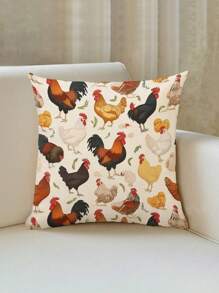 1入組雞型亞麻靠墊套，45cm * 45cm / 17.72in * 17.72in 方形，鄉村風格，單面數字印花設計，柔軟舒適，適用於日常家居裝飾（不包括靠墊）