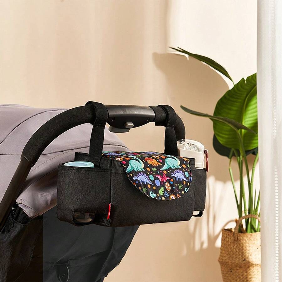 1pc Multifunctional Baby Stroller Hanging Bag, With Bottle, Cup, And Diaper Storage - Black - View 1