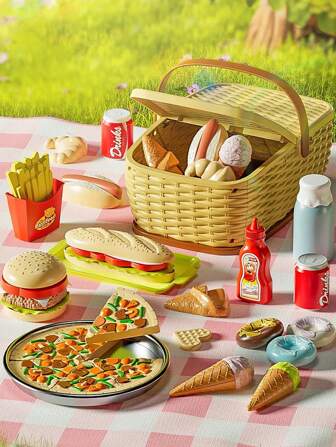 1PC Children Play House Outdoor Portable Picnic Basket Toy,Burger Set/Pizza Set /Fruit Set Picnic Basket Toy,Simulation Food Toy Storage,Children's Gift Set