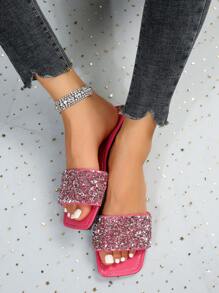 Dép xỏ ngón đính đá giả ngọc trai ngọt ngào cho nữ, Dép xỏ ngón quai thoải mái thời trang tối giản, màu đỏ hồng, thích hợp cho mùa hè, bãi biển, trang phục đi nghỉ - Màu Hồng Tươi - Xem 3