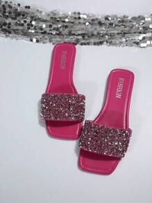 Dép xỏ ngón đính đá giả ngọc trai ngọt ngào cho nữ, Dép xỏ ngón quai thoải mái thời trang tối giản, màu đỏ hồng, thích hợp cho mùa hè, bãi biển, trang phục đi nghỉ - Màu Hồng Tươi - Xem 5