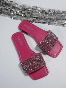 Dép xỏ ngón đính đá giả ngọc trai ngọt ngào cho nữ, Dép xỏ ngón quai thoải mái thời trang tối giản, màu đỏ hồng, thích hợp cho mùa hè, bãi biển, trang phục đi nghỉ - Màu Hồng Tươi - Xem 4