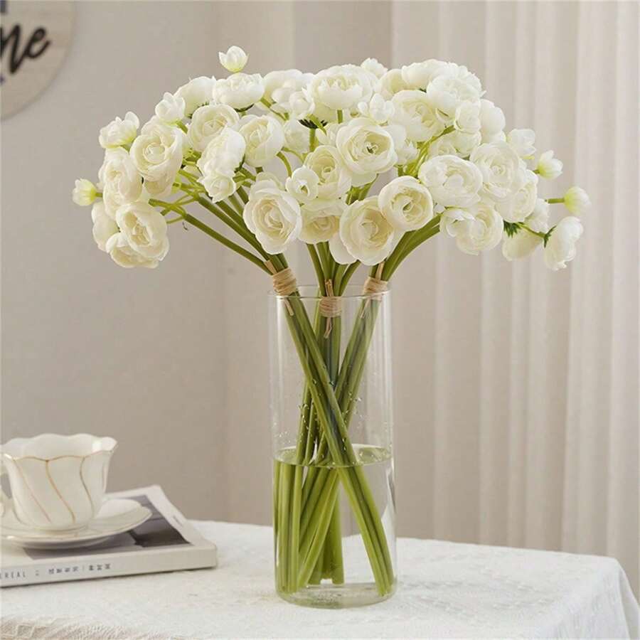 12 Pieces Artificial Silk Ranunculus Flower Realistic Faux Rose With 39cm/15.35in Long Stems Flowers Bulk Fake Mini Roses Wedding Filling Flowers For DIY Bride Bouquet Centerpieces Decoration Outdoor Decor - Màu be - Xem 1