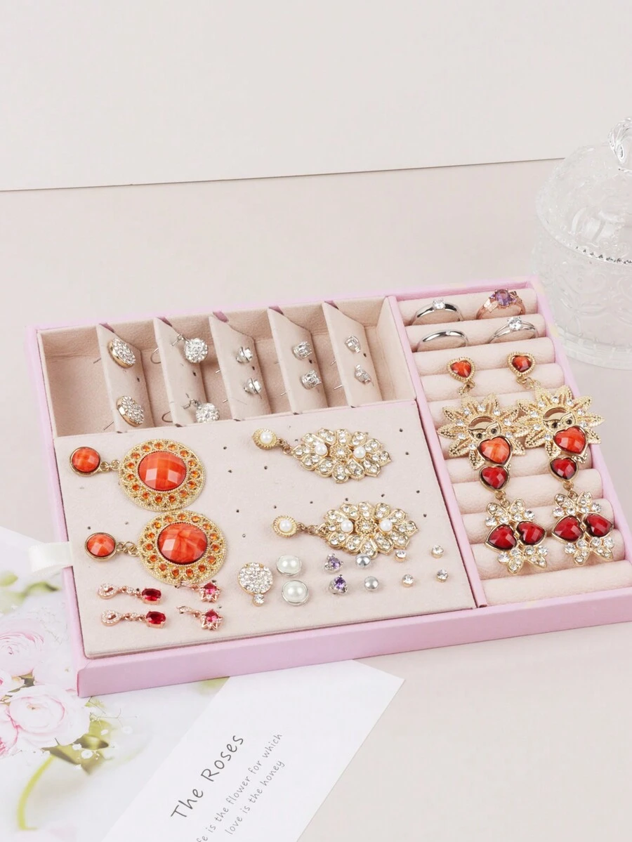 Ohrring-Box Schmuck-Organizer mit großer Kapazität für Ohrringe, Halsketten, Ringe und Armbänder - Pink - Übersicht 1