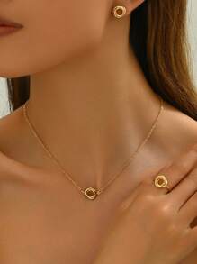 1 Set Handmade Looped Metal Personalized Mature Office Style Jewelry: 1 Pendant Necklace + 1 Pair Earrings + 1 Ring - Yellow Gold - View 4