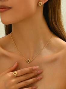 1 Set Handmade Looped Metal Personalized Mature Office Style Jewelry: 1 Pendant Necklace + 1 Pair Earrings + 1 Ring - Yellow Gold - View 1