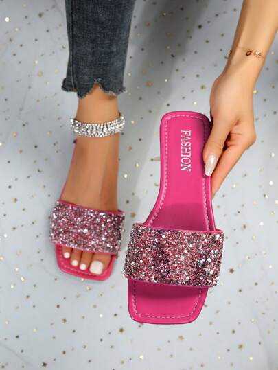 Women's Sweet Faux Pearl Rhinestone Slip-On Sandals, Minimalist Fashion Comfortable Strap Slipper Sandals, Rose Red, Suitable For Summer, Beach, Vacation Wear