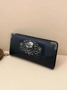 Fashion Skull Decor Zipper Matte Long Wallet Back To School Supplies - Black - View 2