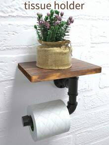 1入組壁掛式木鐵藝衛生紙卷架，多功能廚房浴室儲物架，不需打孔安裝 - 黑色 - 查看 1