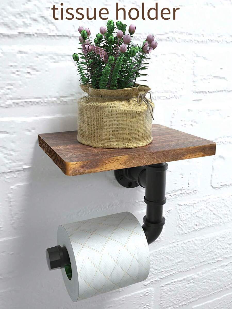1入組壁掛式木鐵藝衛生紙卷架，多功能廚房浴室儲物架，不需打孔安裝 - 黑色 - 查看 1