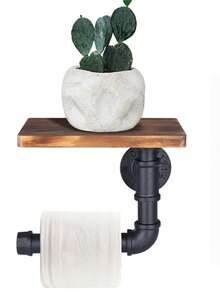 1入組壁掛式木鐵藝衛生紙卷架，多功能廚房浴室儲物架，不需打孔安裝 - 黑色 - 查看 3