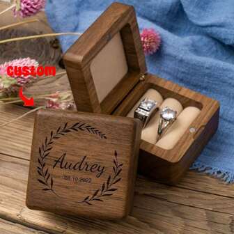 One Customized Square Wooden Engagement Ring Box, Ideal For Wedding Ceremony, Double Groove Wedding Ring Box, Anniversary Commemorative Gift, Unique Customized Delicate Gift Box, DIY Text Customized Handmade Birthday Gift, One-Of-A-Kind Customized Storage Box (Ring Not Included)