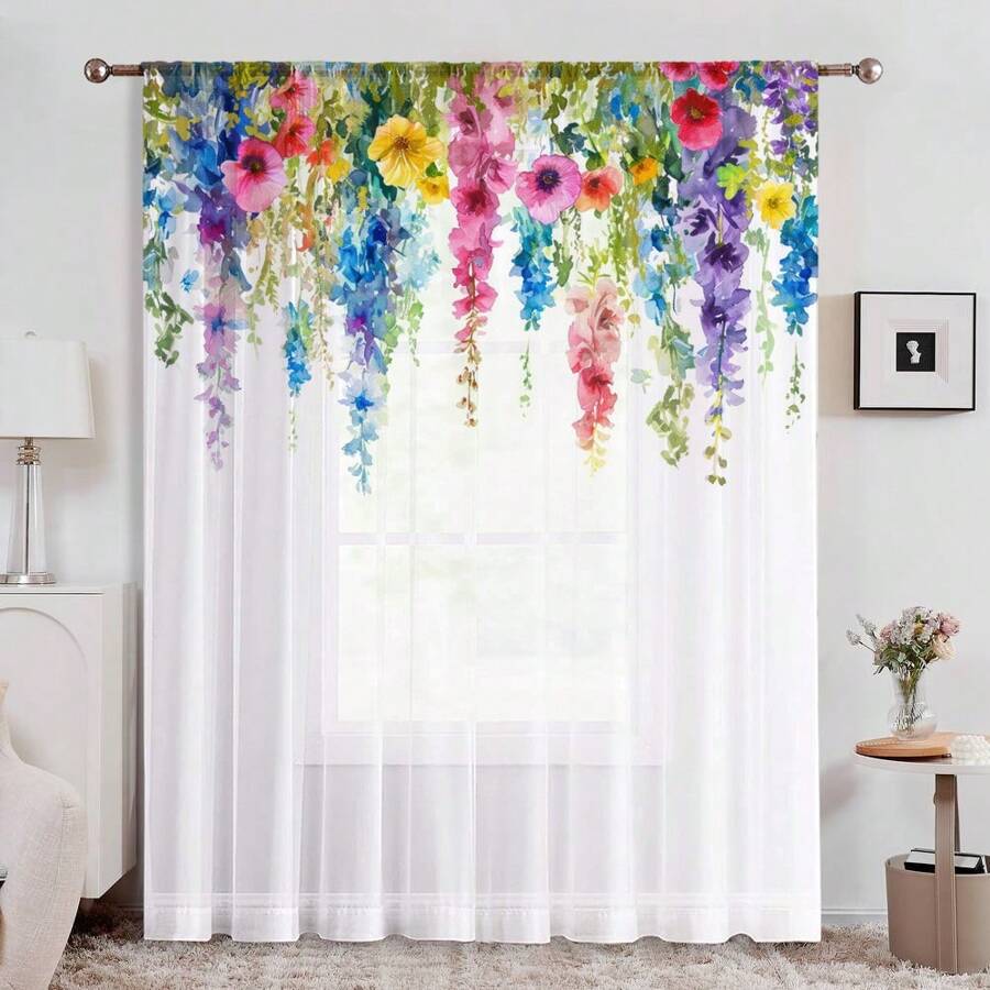 Una hermosa pantalla de ventana impresa semitransparente con diseño floral en estilo acuarela, que brinda un toque fresco y elegante a la decoración diaria de las ventanas del hogar. - Multicolor - Ver 1