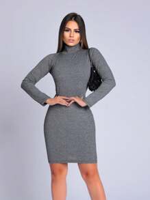 Vestido Manga Longa Gola Alta Feminino Canelado